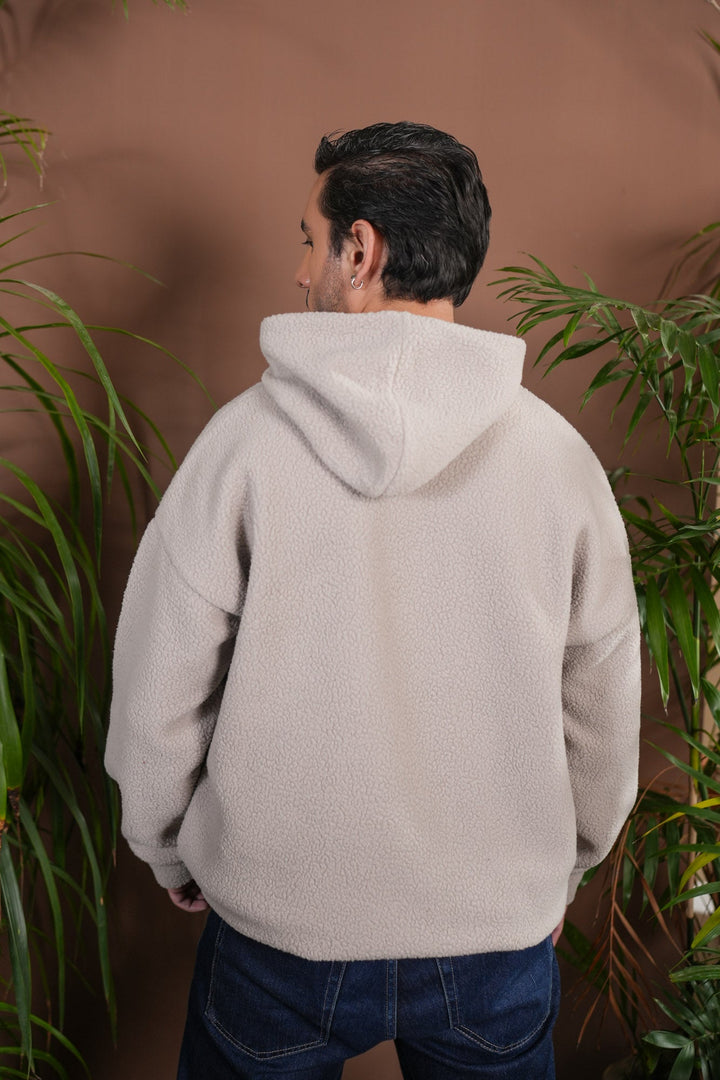 Muraqsh Ready To Wear Solids Fleece Men Beige Sherpa Hoodie Relaxed Fit ABD-BSH-R - Winter Collection