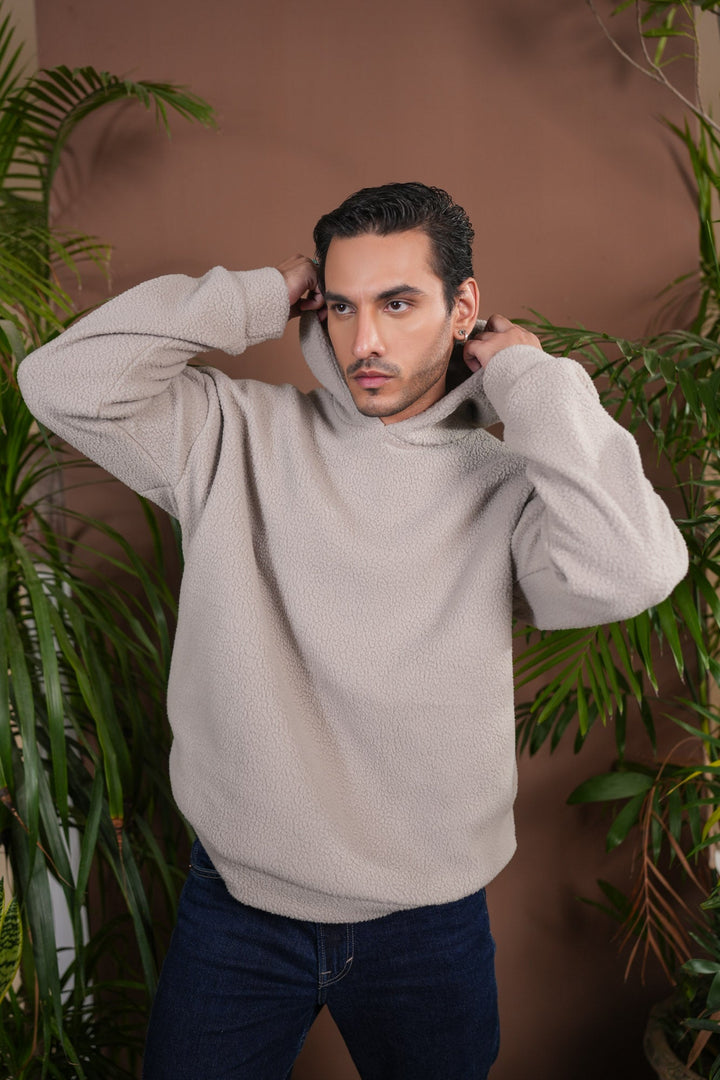 Muraqsh Ready To Wear Solids Fleece Men Beige Sherpa Hoodie Relaxed Fit ABD-BSH-R - Winter Collection