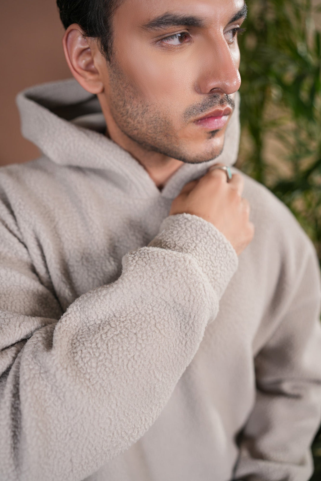 Muraqsh Ready To Wear Solids Fleece Men Beige Sherpa Hoodie Relaxed Fit ABD-BSH-R - Winter Collection