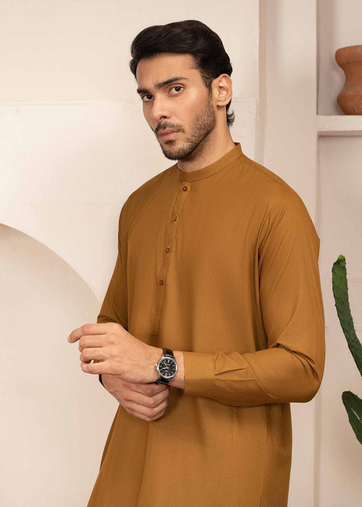 Shaandar by Buraq Mens RTW Solids Wash N Wear 2 Piece Suit Mustard Casual Collection