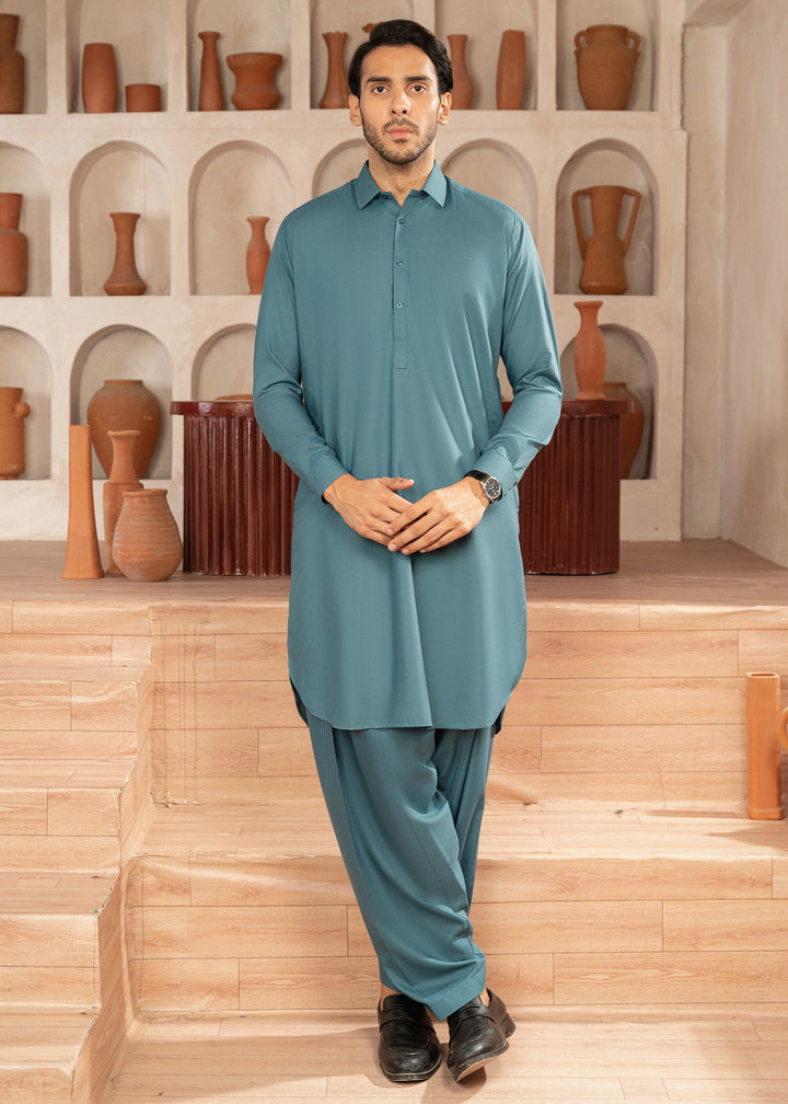Alif by Buraq Mens RTW Solids Wash N Wear 2 Piece Suit Aqua Blue Collar Casual Collection