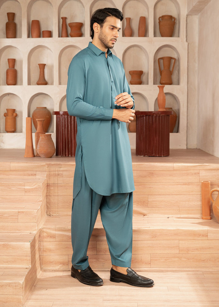 Alif by Buraq Mens RTW Solids Wash N Wear 2 Piece Suit Aqua Blue Collar Casual Collection