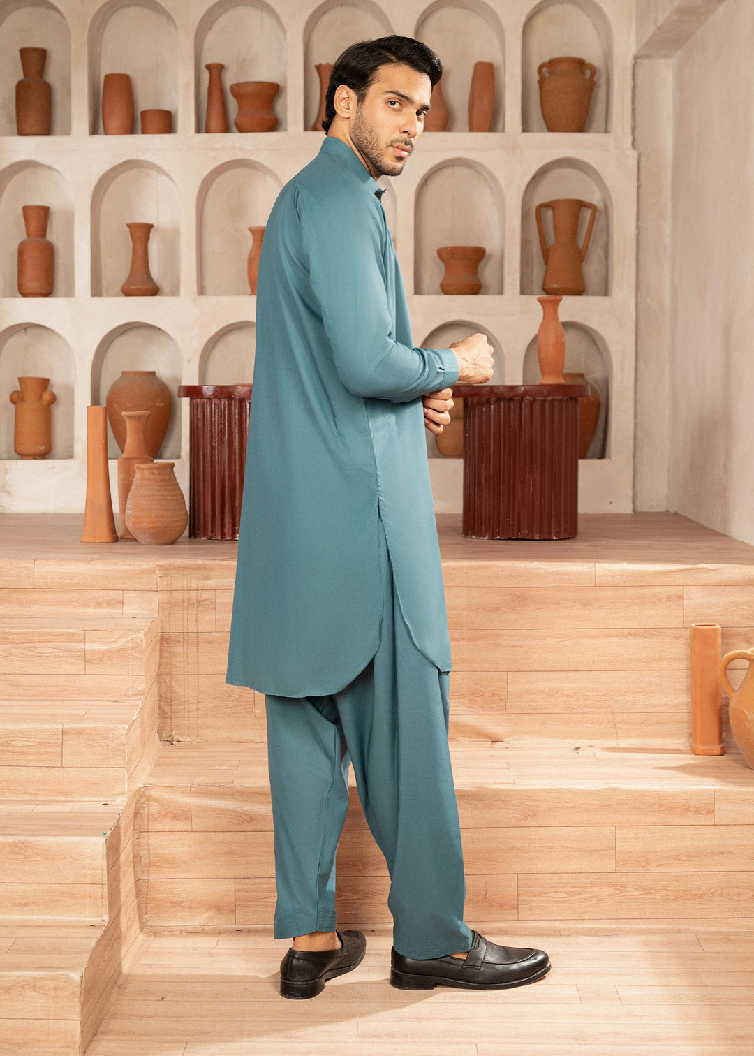 Alif by Buraq Mens RTW Solids Wash N Wear 2 Piece Suit Aqua Blue Collar Casual Collection