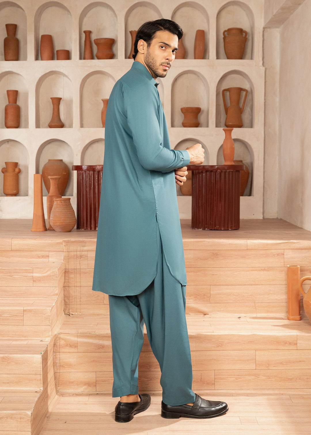 Alif by Buraq Mens RTW Solids Wash N Wear 2 Piece Suit Aqua Blue Collar Casual Collection