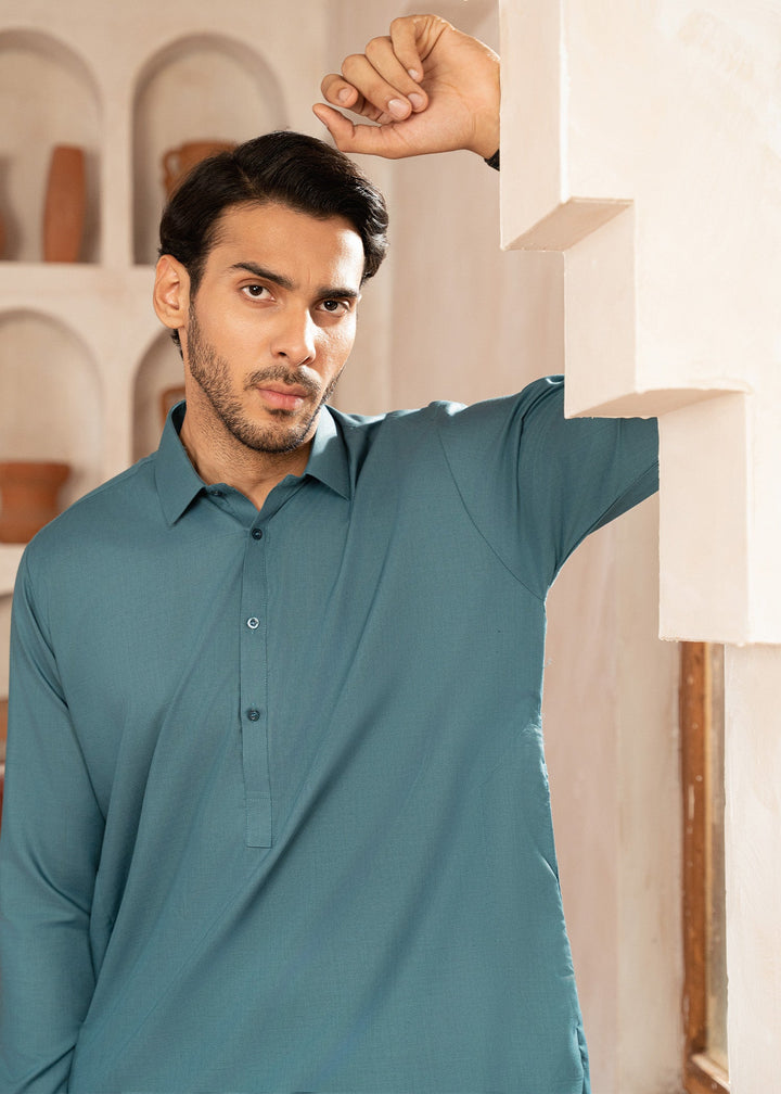 Alif by Buraq Mens RTW Solids Wash N Wear 2 Piece Suit Aqua Blue Collar Casual Collection
