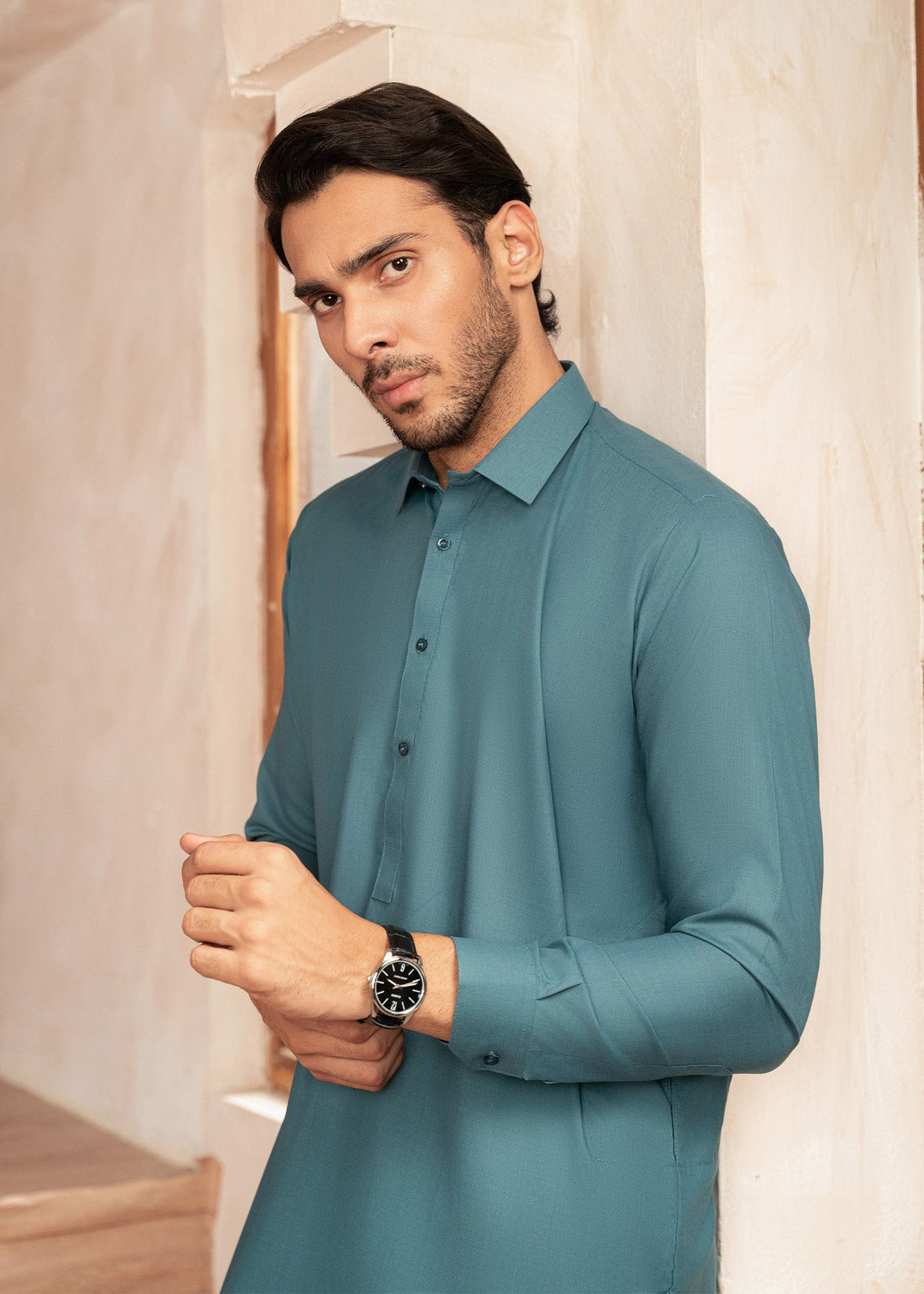 Alif by Buraq Mens RTW Solids Wash N Wear 2 Piece Suit Aqua Blue Collar Casual Collection