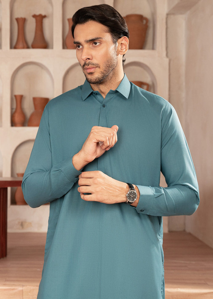 Alif by Buraq Mens RTW Solids Wash N Wear 2 Piece Suit Aqua Blue Collar Casual Collection