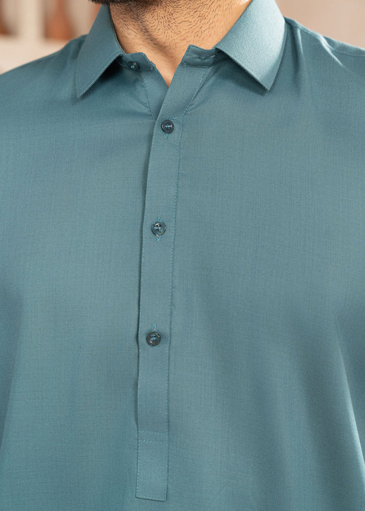Alif by Buraq Mens RTW Solids Wash N Wear 2 Piece Suit Aqua Blue Collar Casual Collection