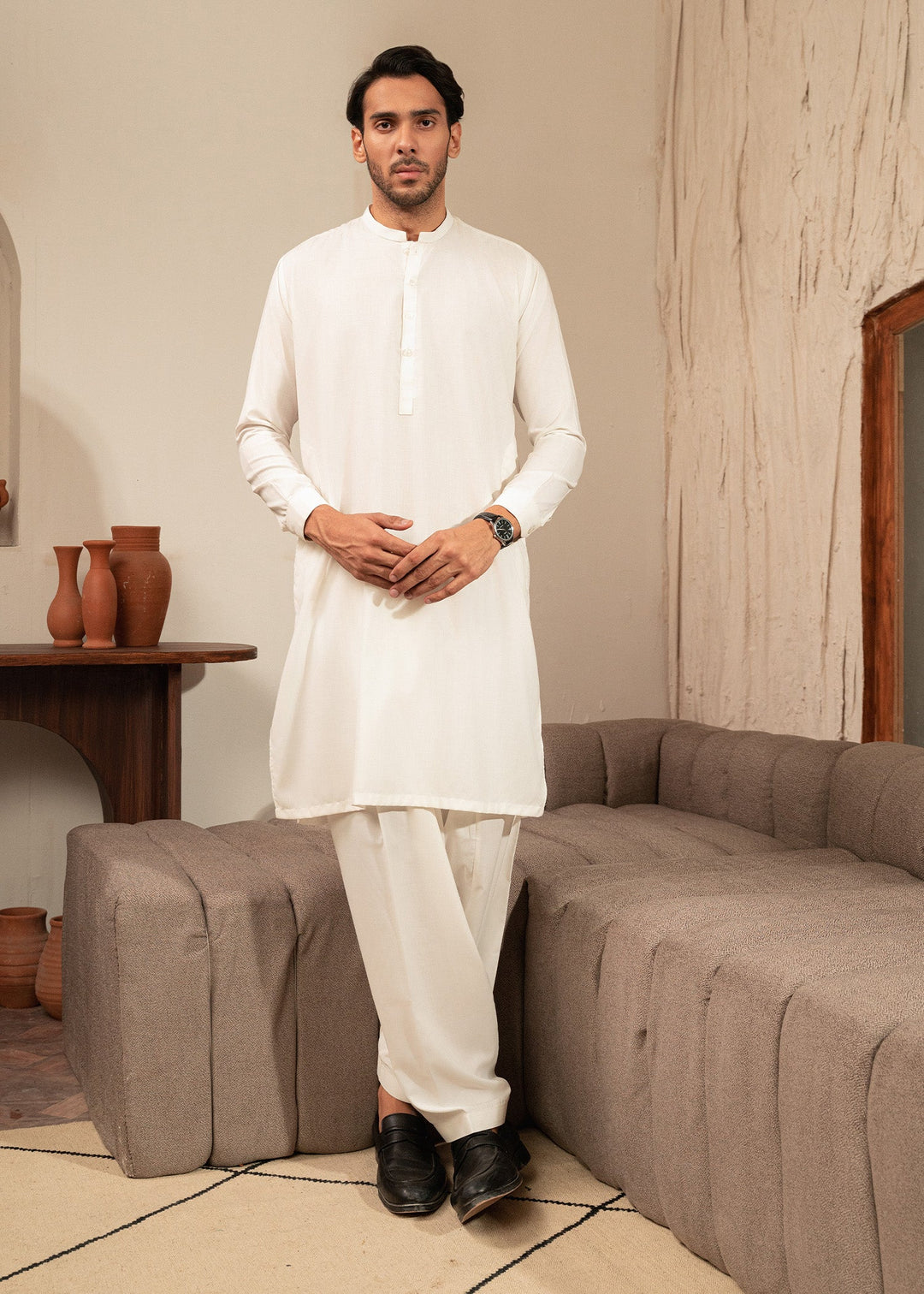 Alif by Buraq Mens RTW Solids Wash N Wear 2 Piece Suit Ivory ban Casual Collection