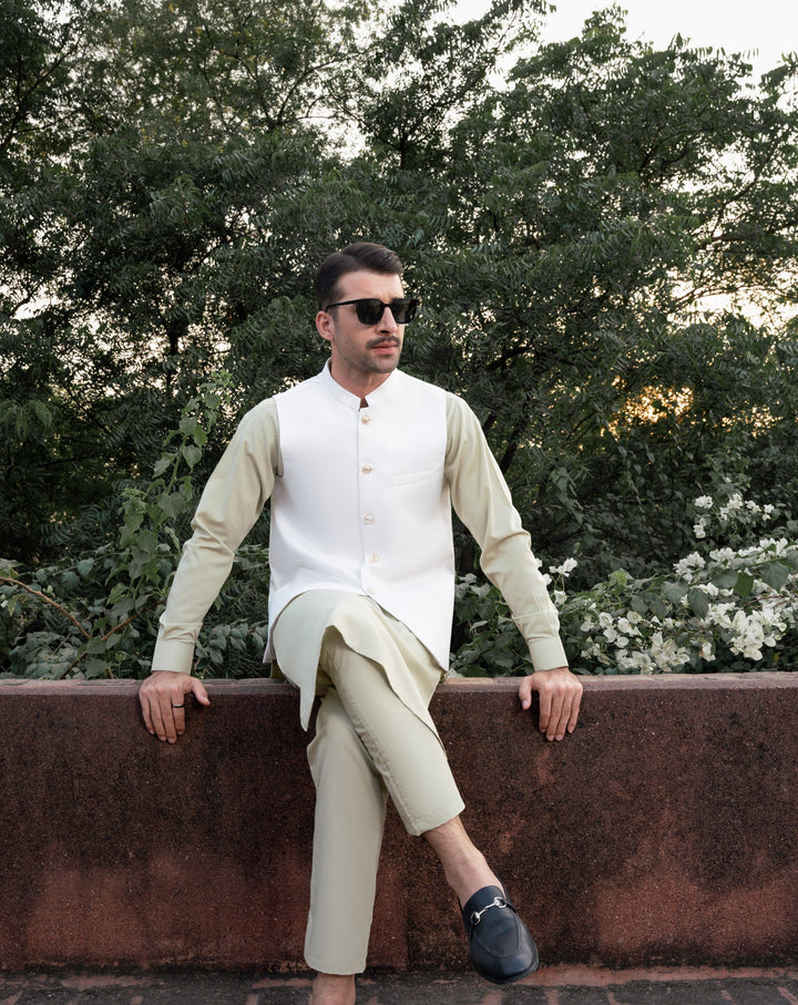 Muraqsh Ready To Wear Solids Cotton Men Mint Kameez Shalwar with Off White Suiting Waistcoat Round Cut MURW-KS - Summer Collection