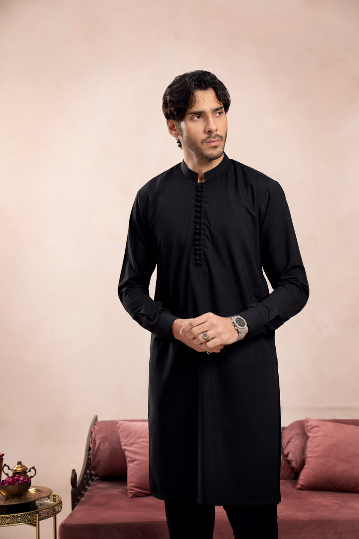 Muraqsh Ready To Wear Solids Cotton Men Crow Black Blended Kurta Trouser Loop Buttons ABD-BLACKOOP - Summer Collection