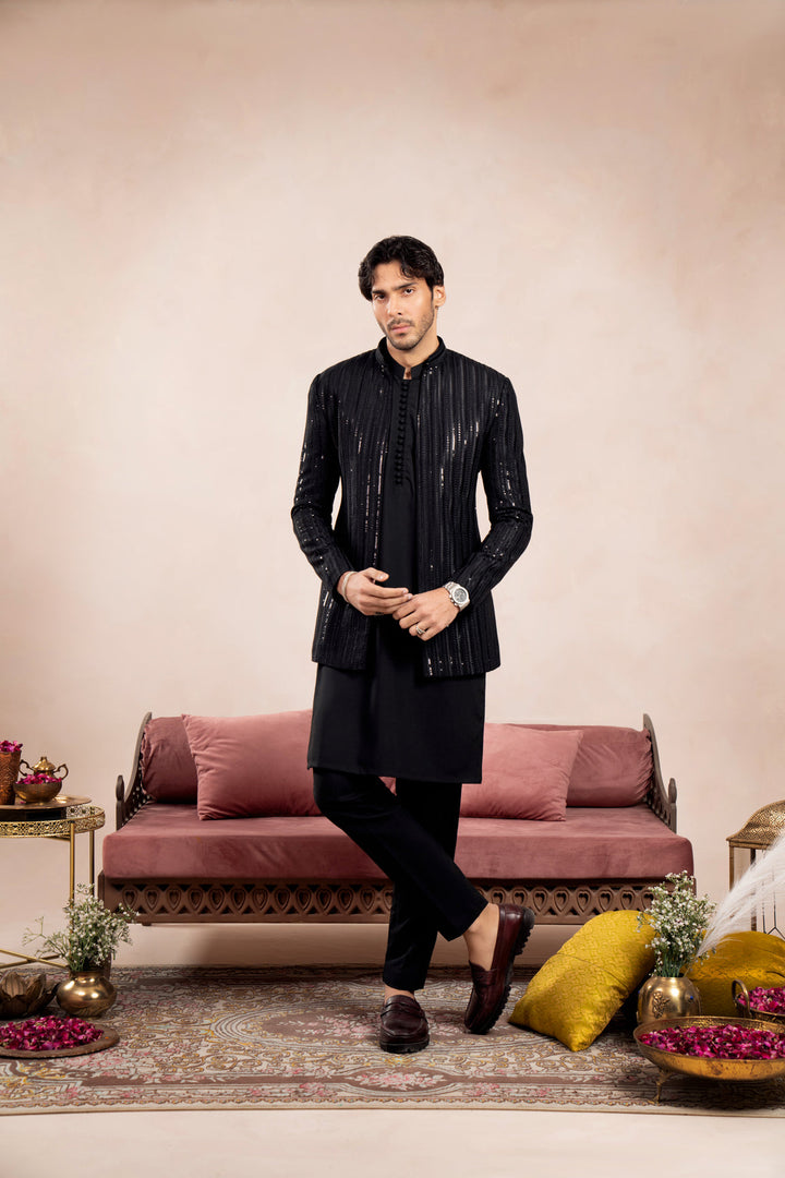 Muraqsh Ready To Wear Embroidered Cotton Men Black Loop Kurta Trouser with Falling Arrow Sequin Open Prince Coat ABD-BLKTW - Summer Collection