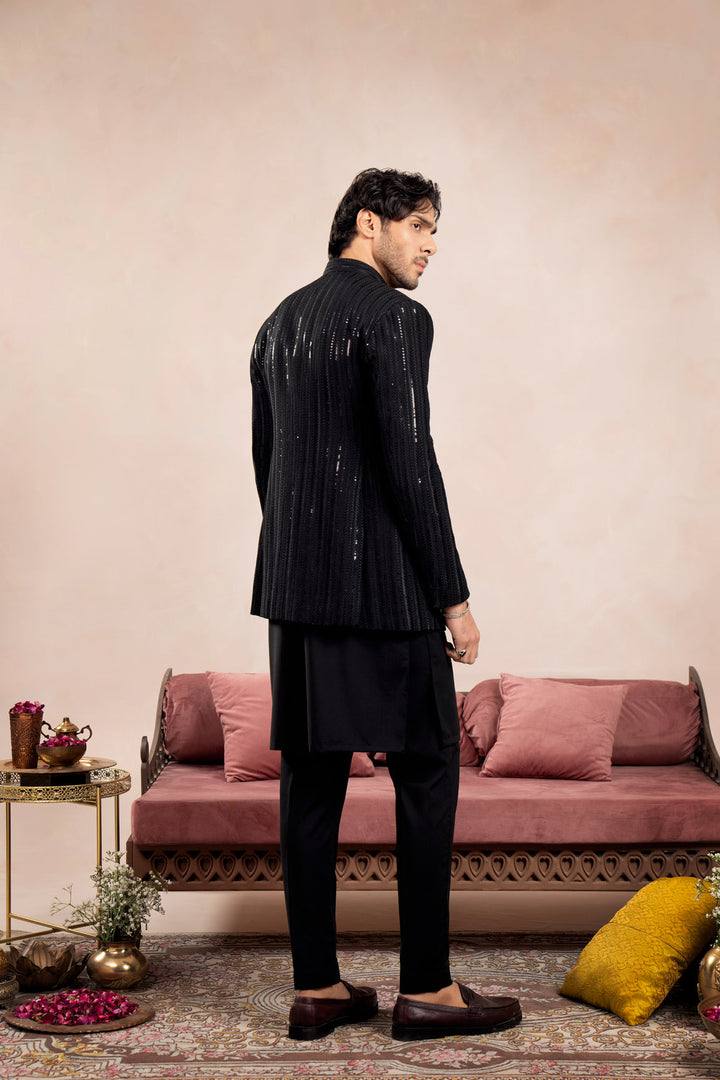Muraqsh Ready To Wear Embroidered Cotton Men Black Loop Kurta Trouser with Falling Arrow Sequin Open Prince Coat ABD-BLKTW - Summer Collection