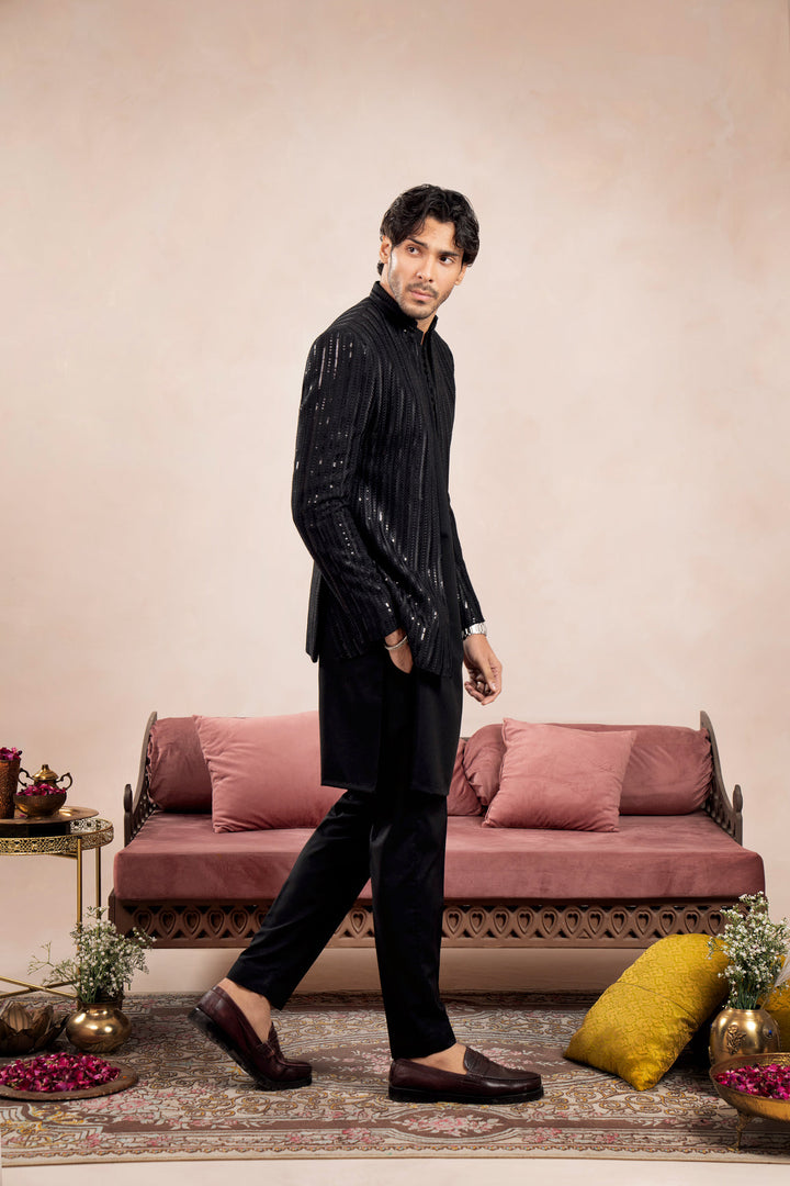 Muraqsh Ready To Wear Embroidered Cotton Men Black Loop Kurta Trouser with Falling Arrow Sequin Open Prince Coat ABD-BLKTW - Summer Collection