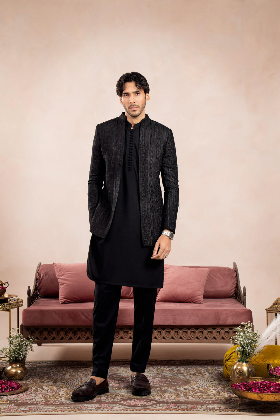 Muraqsh Ready To Wear Embroidered Cotton Men Black Falling Arrow Sequin Open Prince Coat MUR-BFASE - Summer Collection