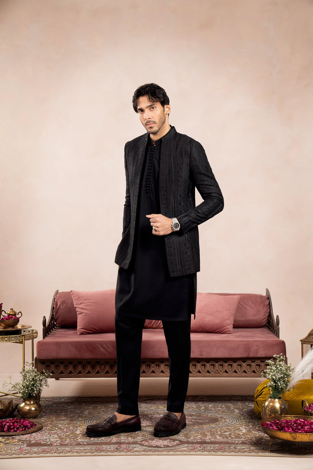 Muraqsh Ready To Wear Embroidered Cotton Men Black Cross Stitched Open Prince Coat MUR-BCSEO - Summer Collection