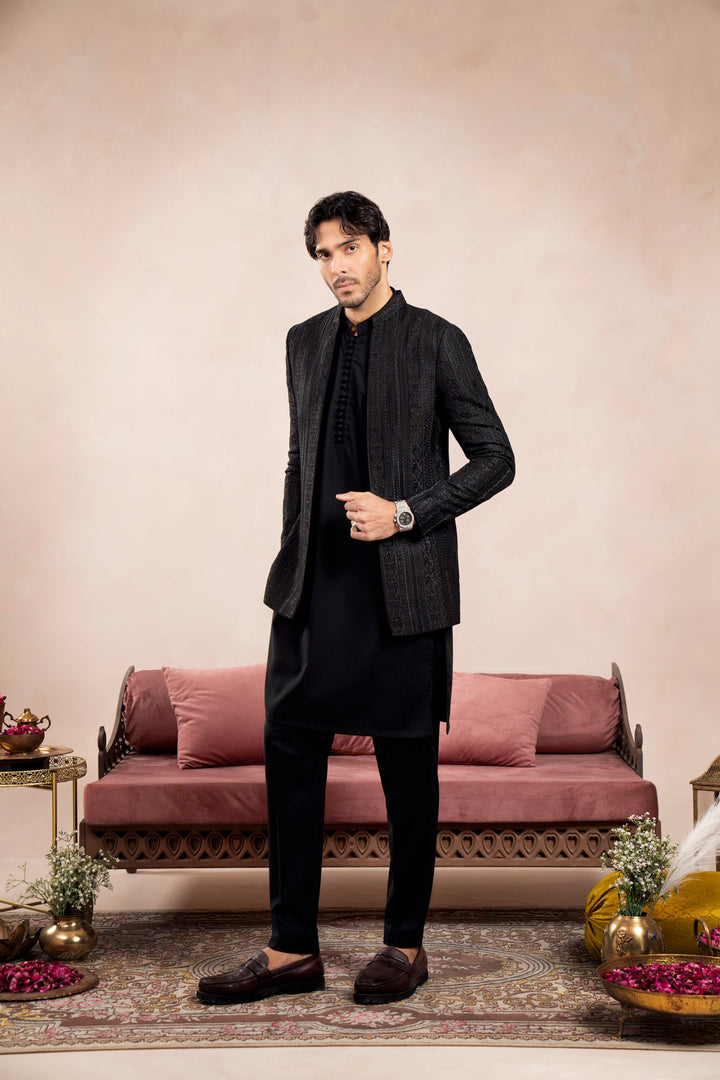 Muraqsh Ready To Wear Embroidered Cotton Men Black Loop Kurta Trouser with Cross Stitched Open Prince Coat ABD-BLKTW - Summer Collection