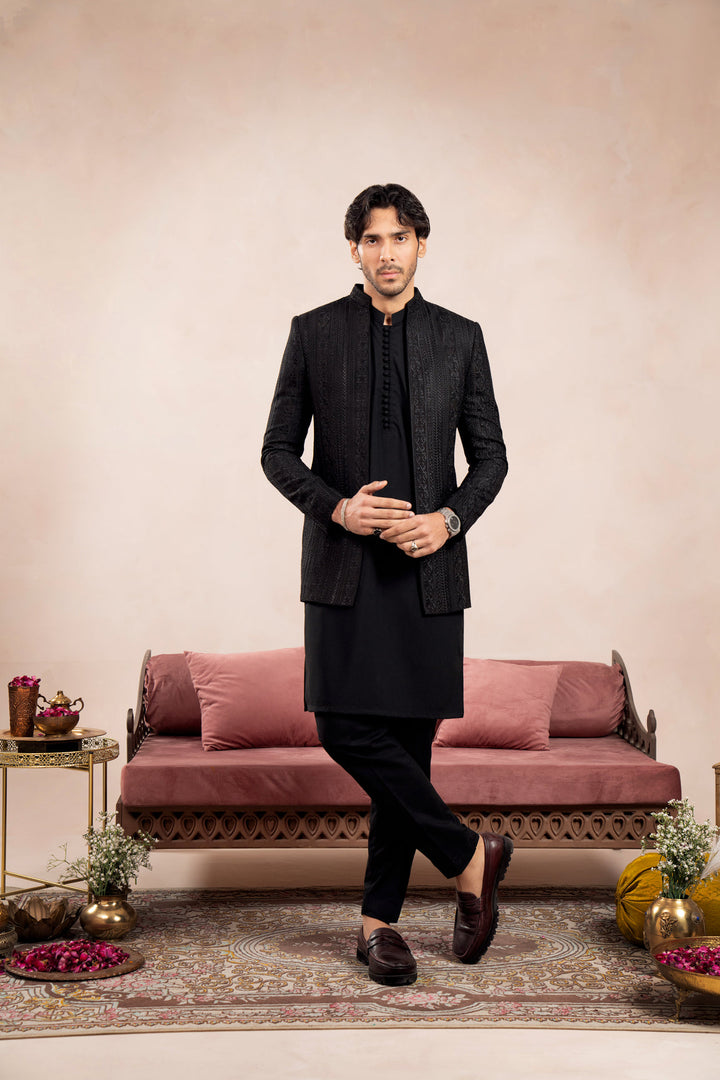 Muraqsh Ready To Wear Embroidered Cotton Men Black Loop Kurta Trouser with Cross Stitched Open Prince Coat ABD-BLKTW - Summer Collection
