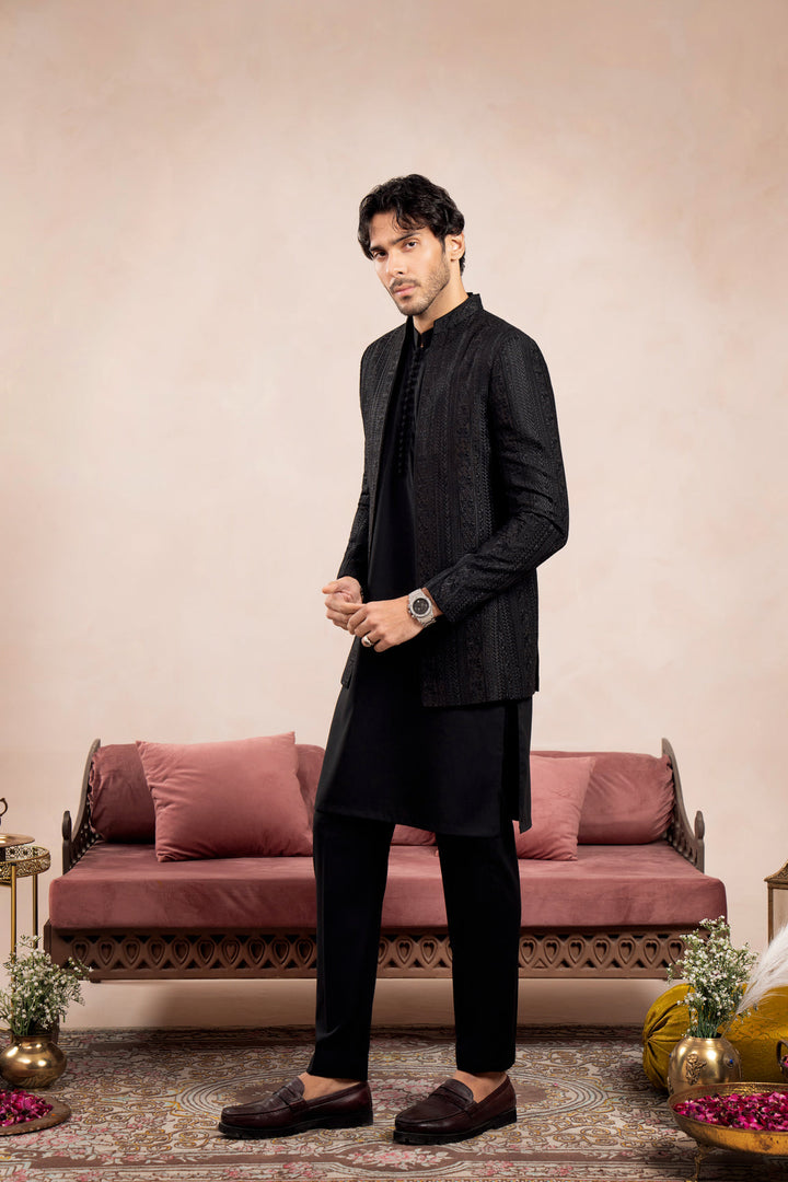Muraqsh Ready To Wear Embroidered Cotton Men Black Cross Stitched Open Prince Coat MUR-BCSEO - Summer Collection