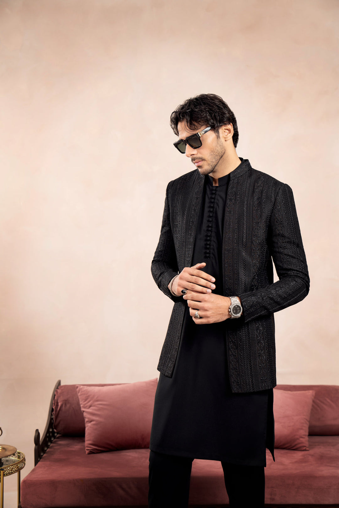 Muraqsh Ready To Wear Embroidered Cotton Men Black Loop Kurta Trouser with Cross Stitched Open Prince Coat ABD-BLKTW - Summer Collection