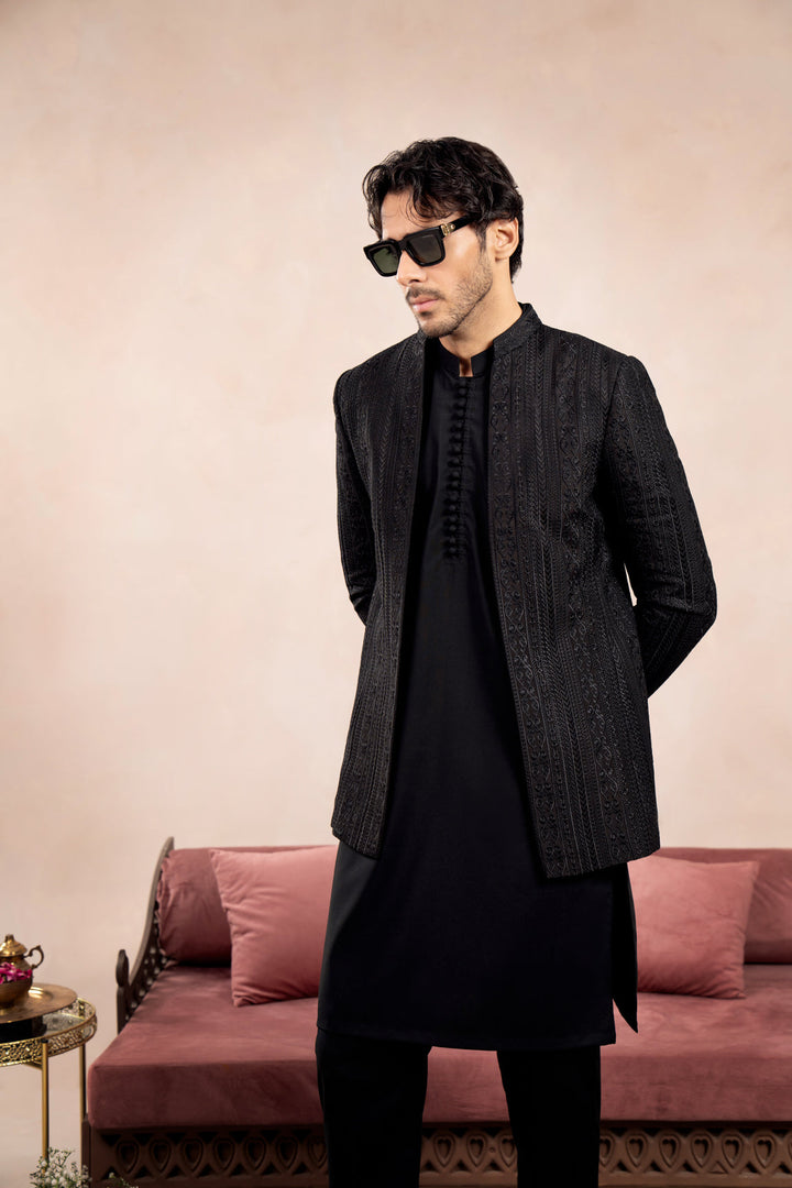 Muraqsh Ready To Wear Embroidered Cotton Men Black Cross Stitched Open Prince Coat MUR-BCSEO - Summer Collection