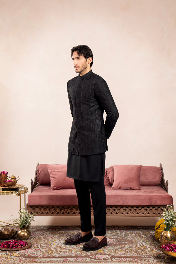 Muraqsh Ready To Wear Embroidered Cotton Men Black Cross Stitched Prince Coat MUR-BCSEP - Summer Collection