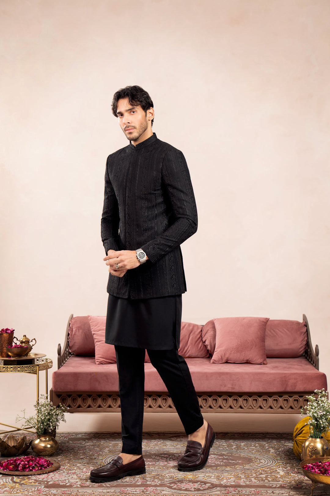 Muraqsh Ready To Wear Embroidered Cotton Men Black Cross Stitched Prince Coat MUR-BCSEP - Summer Collection