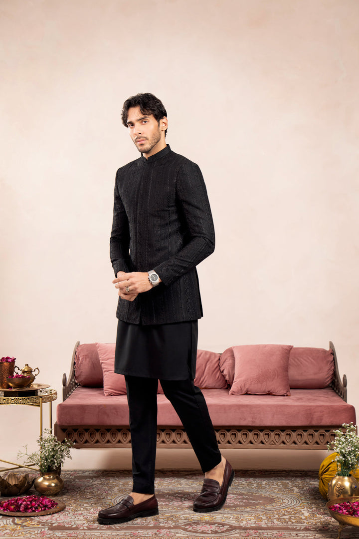 Muraqsh Ready To Wear Embroidered Cotton Men Black Cross Stitched Prince Coat MUR-BCSEP - Summer Collection