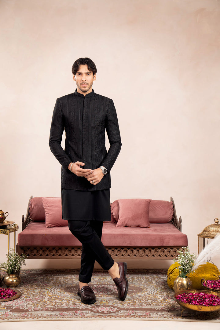 Muraqsh Ready To Wear Embroidered Cotton Men Black Cross Stitched Prince Coat MUR-BCSEP - Summer Collection