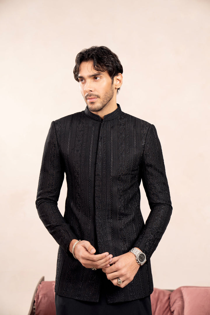 Muraqsh Ready To Wear Embroidered Cotton Men Black Kurta Trouser with Cross Stitched Prince Coat ABD-BKTWC - Summer Collection