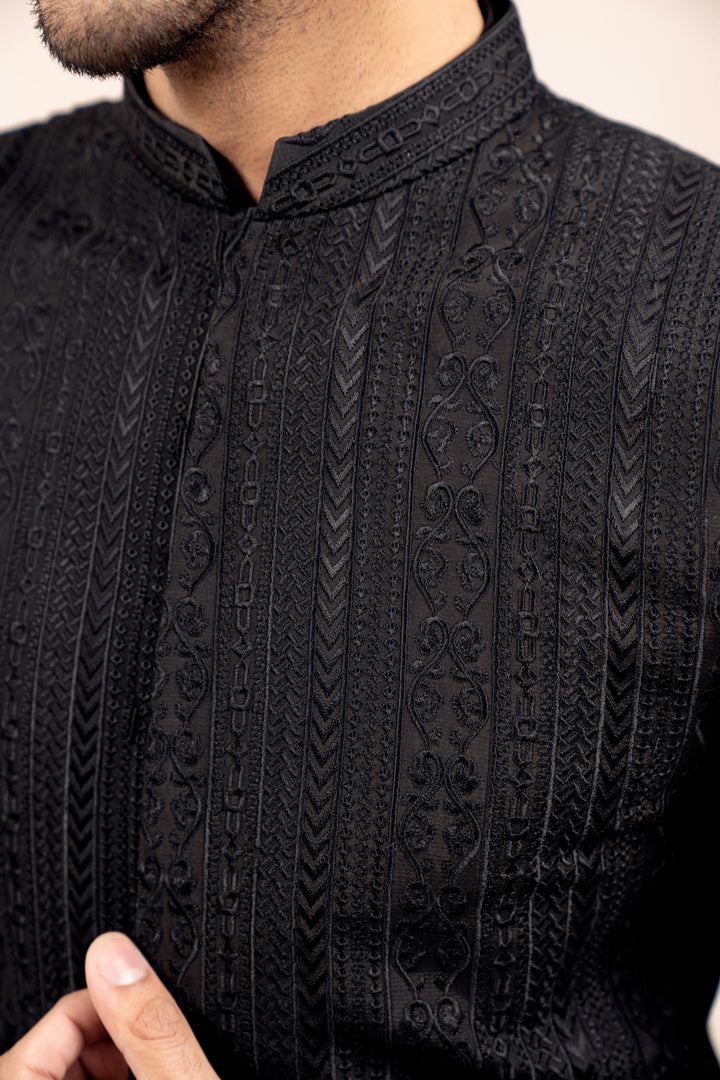 Muraqsh Ready To Wear Embroidered Cotton Men Black Cross Stitched Prince Coat MUR-BCSEP - Summer Collection
