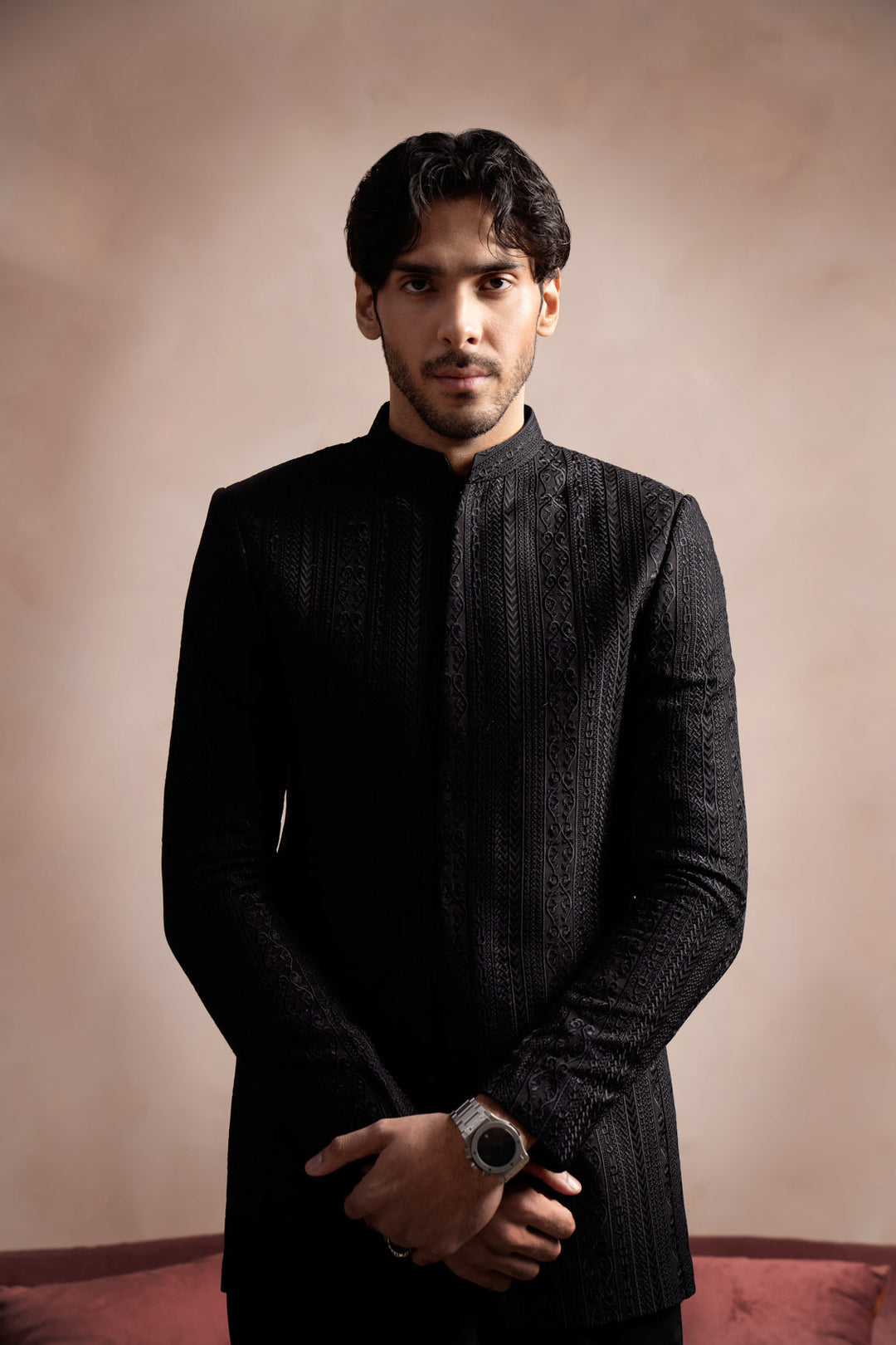 Muraqsh Ready To Wear Embroidered Cotton Men Black Cross Stitched Prince Coat MUR-BCSEP - Summer Collection