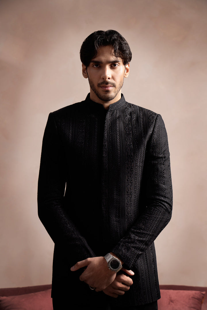 Muraqsh Ready To Wear Embroidered Cotton Men Black Cross Stitched Prince Coat MUR-BCSEP - Summer Collection