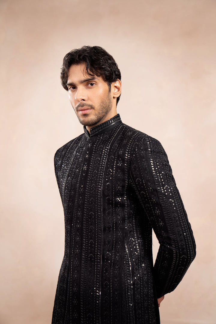 Muraqsh Ready To Wear Embroidered Cotton Men Black Kurta Trouser with Falling Pani Sequin Prince Coat ABD-BKTWF - Summer Collection