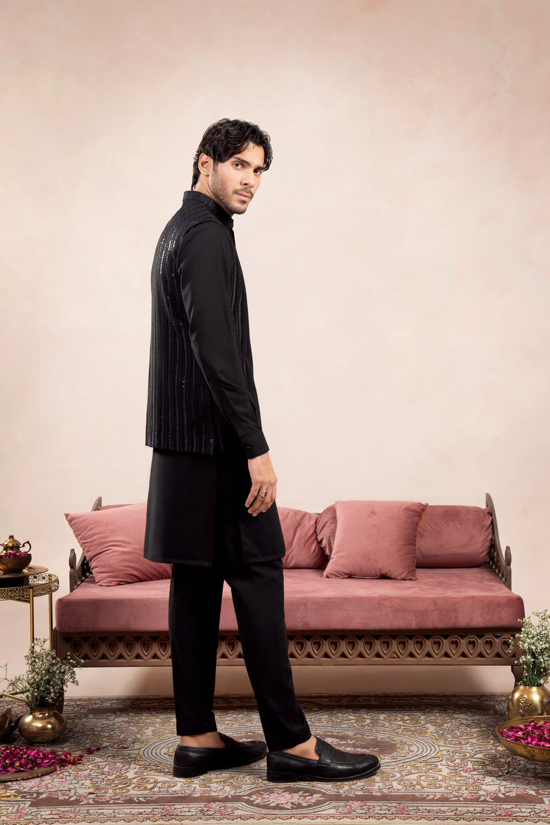 Muraqsh Ready To Wear Embroidered Cotton Men Black Kurta Trouser with Falling Arrow Waistcoat MUR-BKTWF - Summer Collection