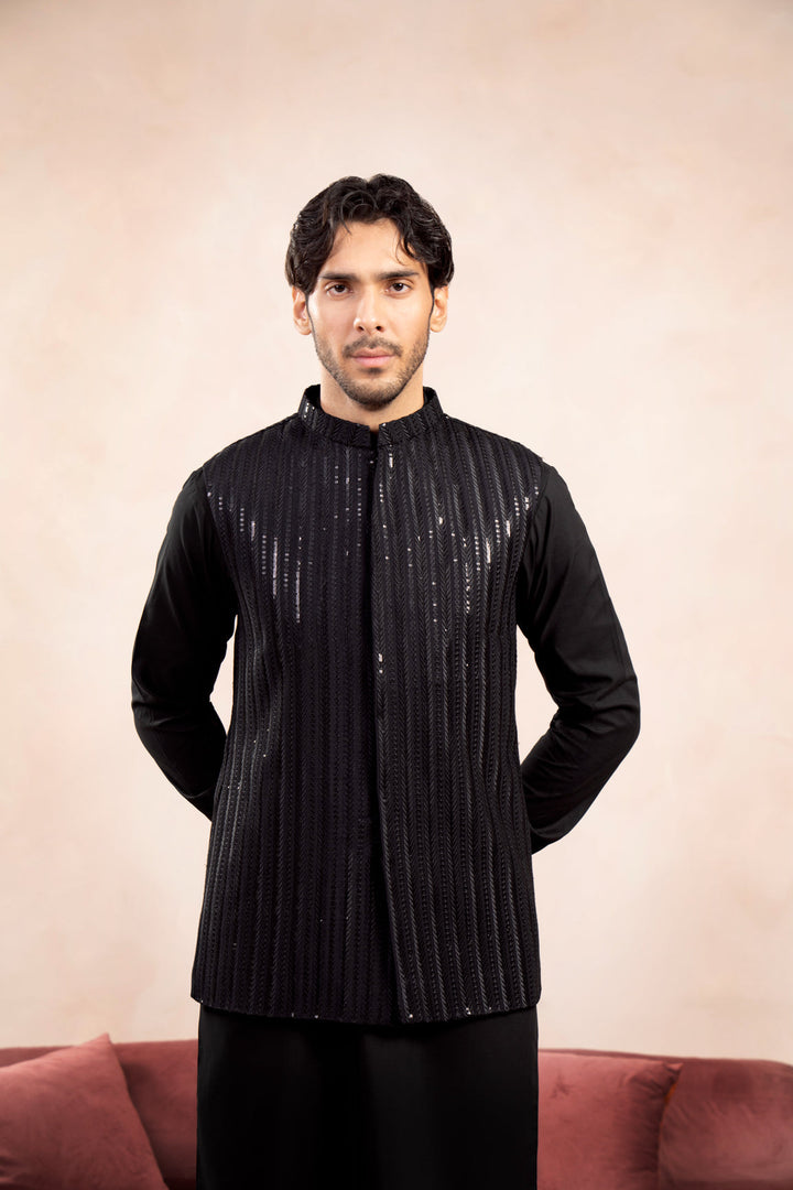 Muraqsh Ready To Wear Embroidered Cotton Men Black Kurta Trouser with Falling Arrow Waistcoat MUR-BKTWF - Summer Collection