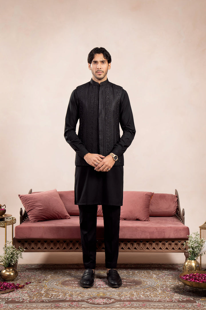 Muraqsh Ready To Wear Embroidered Cotton Men Black Cross Stitched Waistcoat MUR-BCSEW - Summer Collection