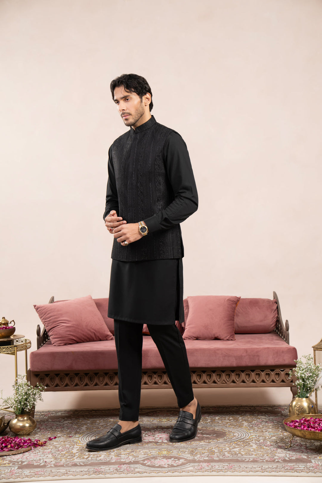 Muraqsh Ready To Wear Embroidered Cotton Men Black Kurta Trouser with Cross Stitched Waistcoat MUR-BKTWC - Summer Collection