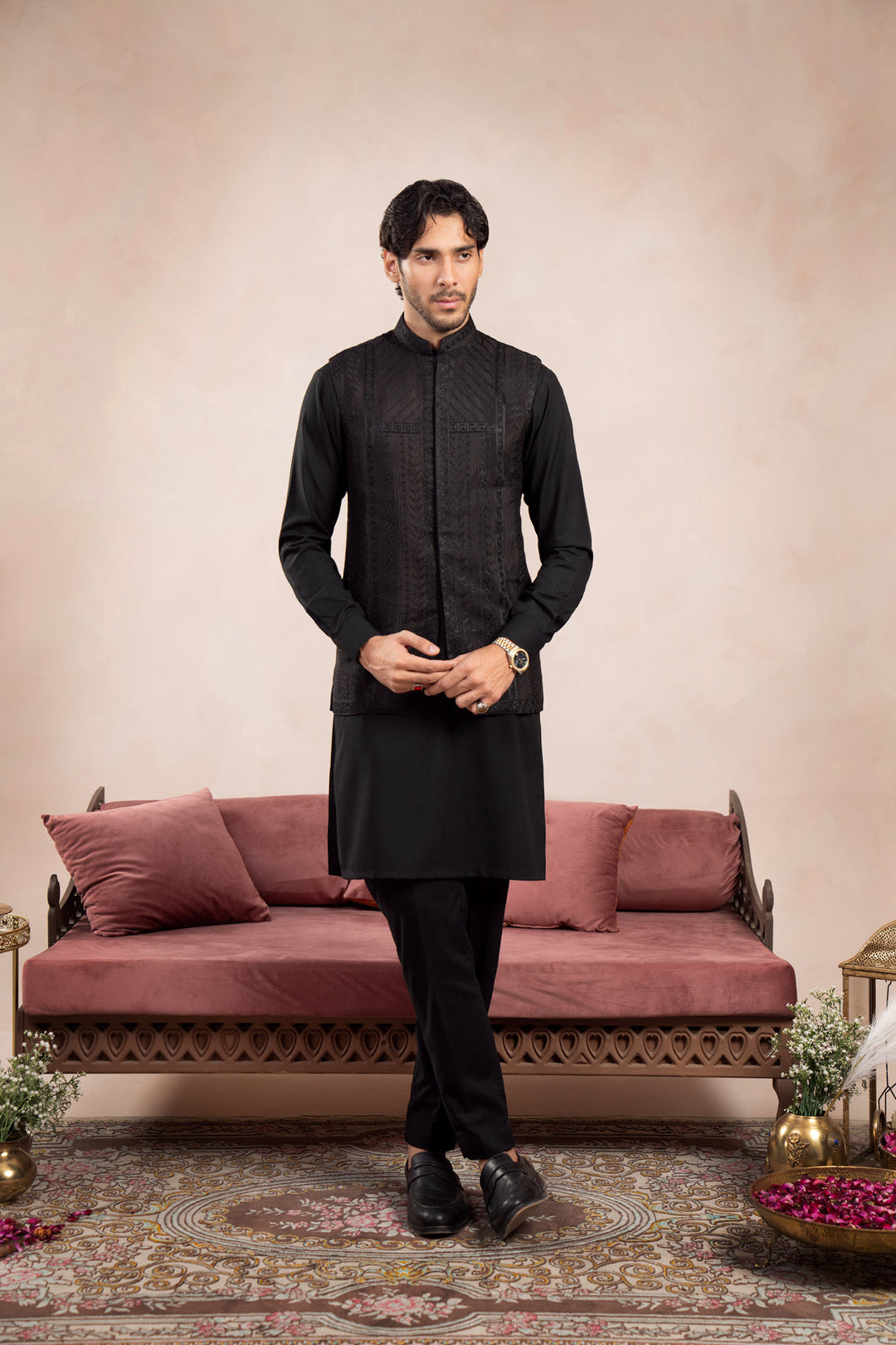 Muraqsh Ready To Wear Embroidered Cotton Men Black Royal Embroidered Waistcoat MUR-BREW - Summer Collection