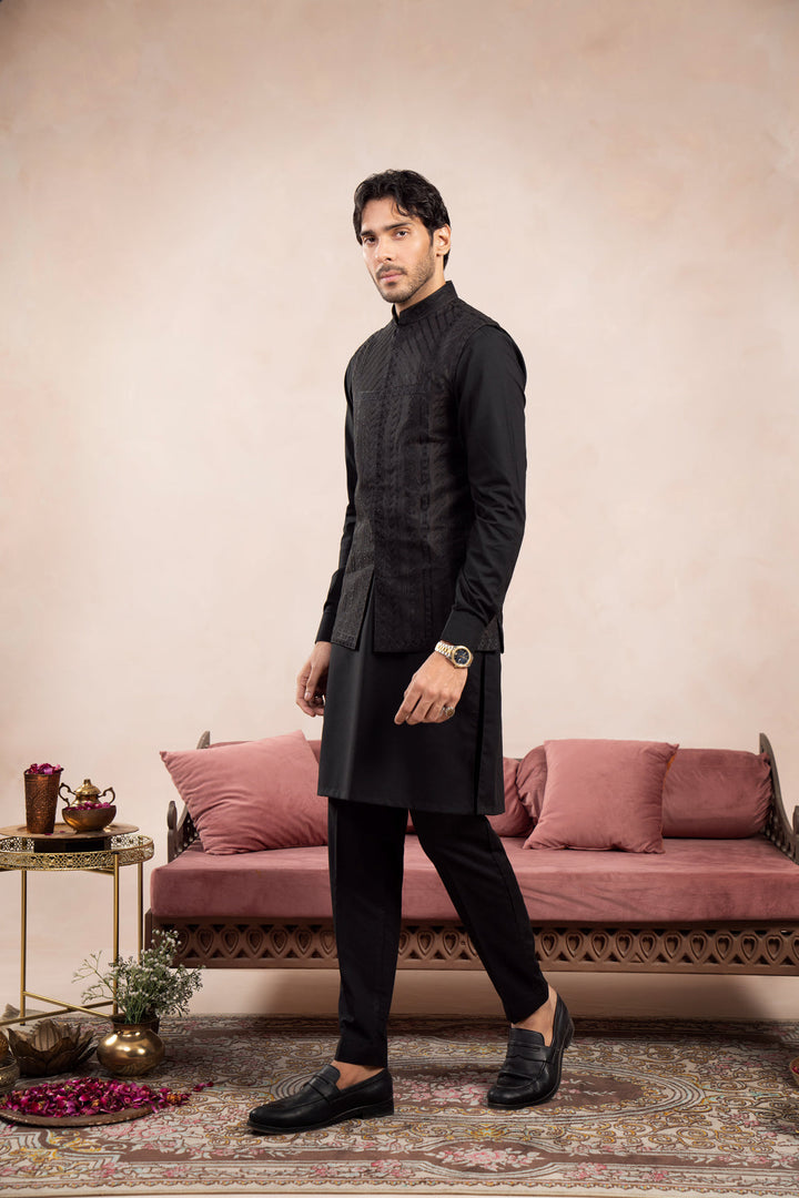 Muraqsh Ready To Wear Embroidered Cotton Men Black Kurta Trouser with Royal Waistcoat MUR-BKTWR - Summer Collection