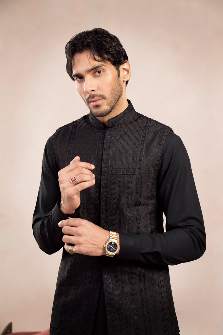 Muraqsh Ready To Wear Embroidered Cotton Men Black Kurta Trouser with Royal Waistcoat MUR-BKTWR - Summer Collection