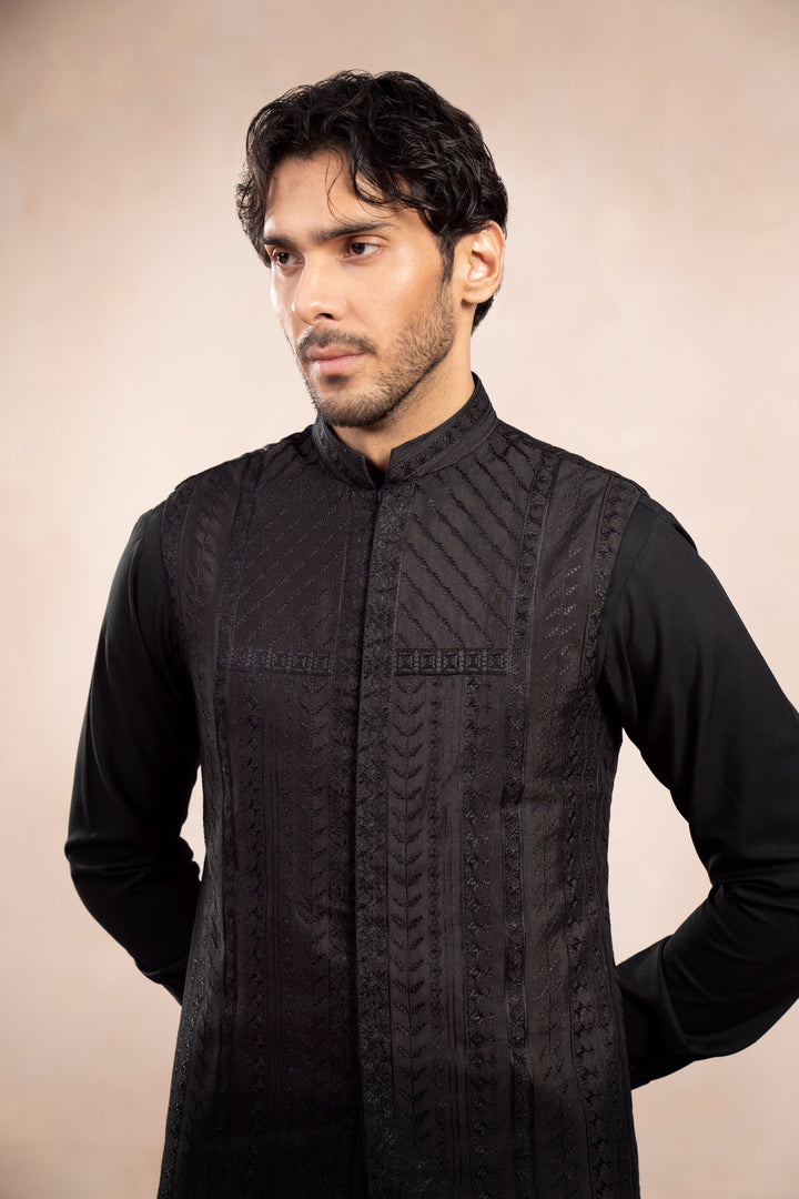 Muraqsh Ready To Wear Embroidered Cotton Men Black Kurta Trouser with Royal Waistcoat MUR-BKTWR - Summer Collection