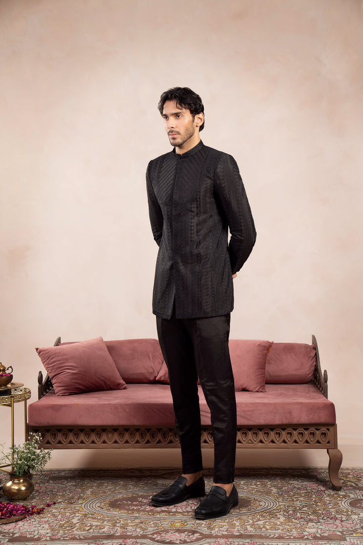 Muraqsh Ready To Wear Embroidered Cotton Men Black Royal Prince Coat with Trouser ABD-BREPC - Summer Collection