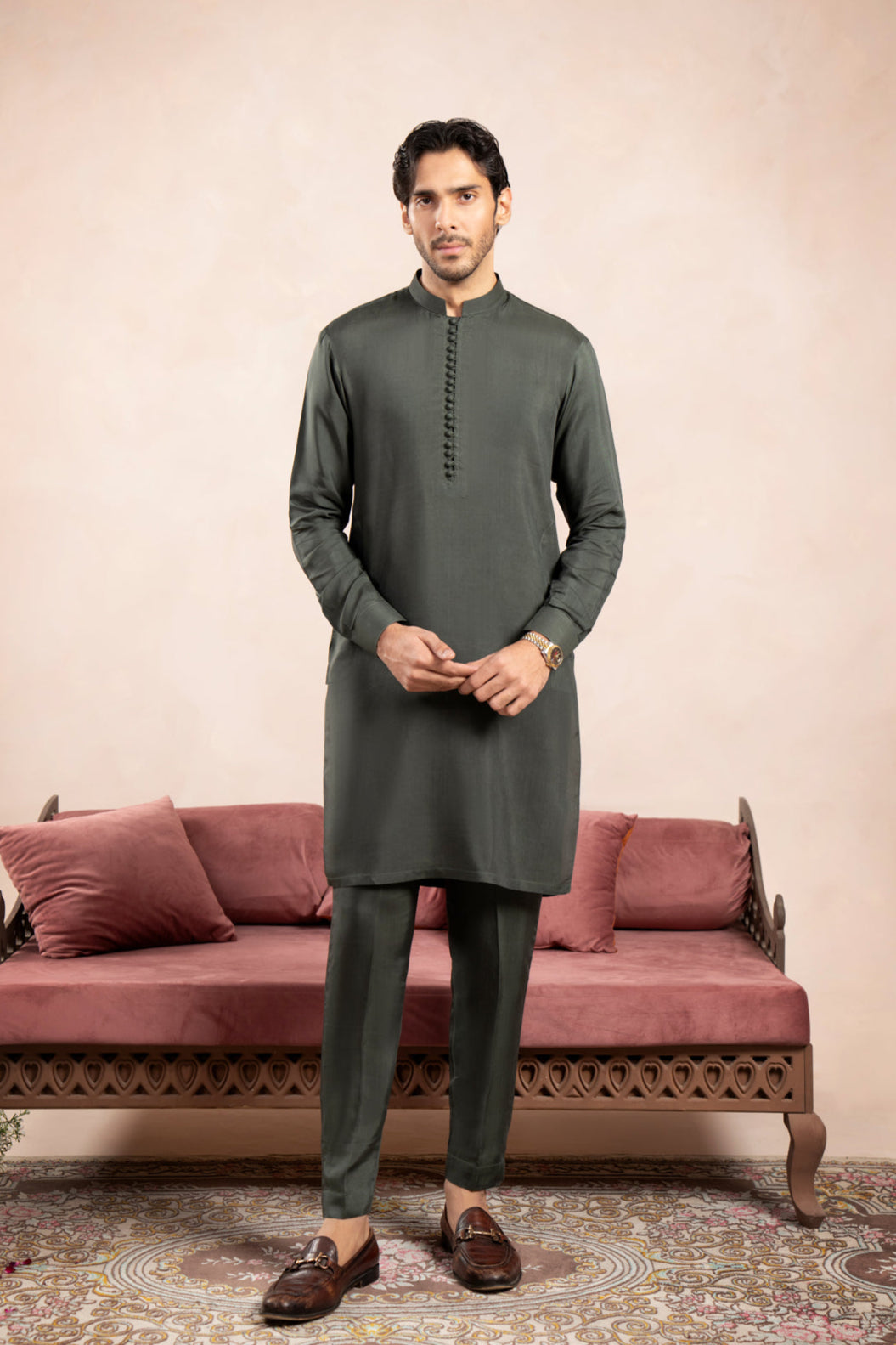 Muraqsh Ready To Wear Solids Silk Men Olive Green Viscose Kurta Trouser ...