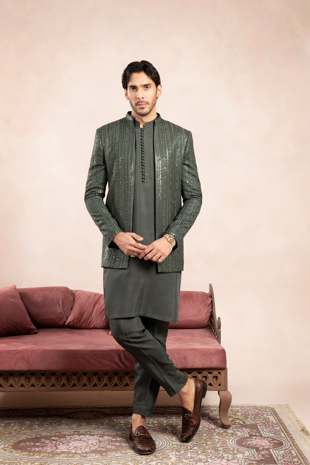 Muraqsh Ready To Wear Embroidered Cotton Men Olive Green Falling Open Prince Coat MUR-OGFEO - Summer Collection