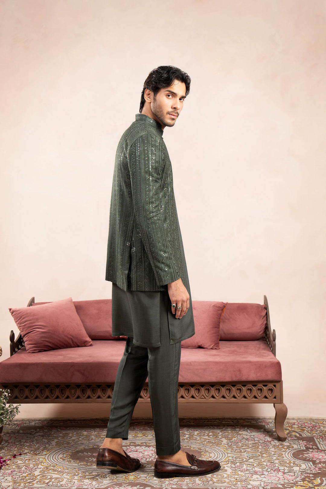 Muraqsh Ready To Wear Embroidered Cotton Men Olive Green Loop Kurta Trouser with Falling Open Prince Coat ABD-OGLKT - Summer Collection