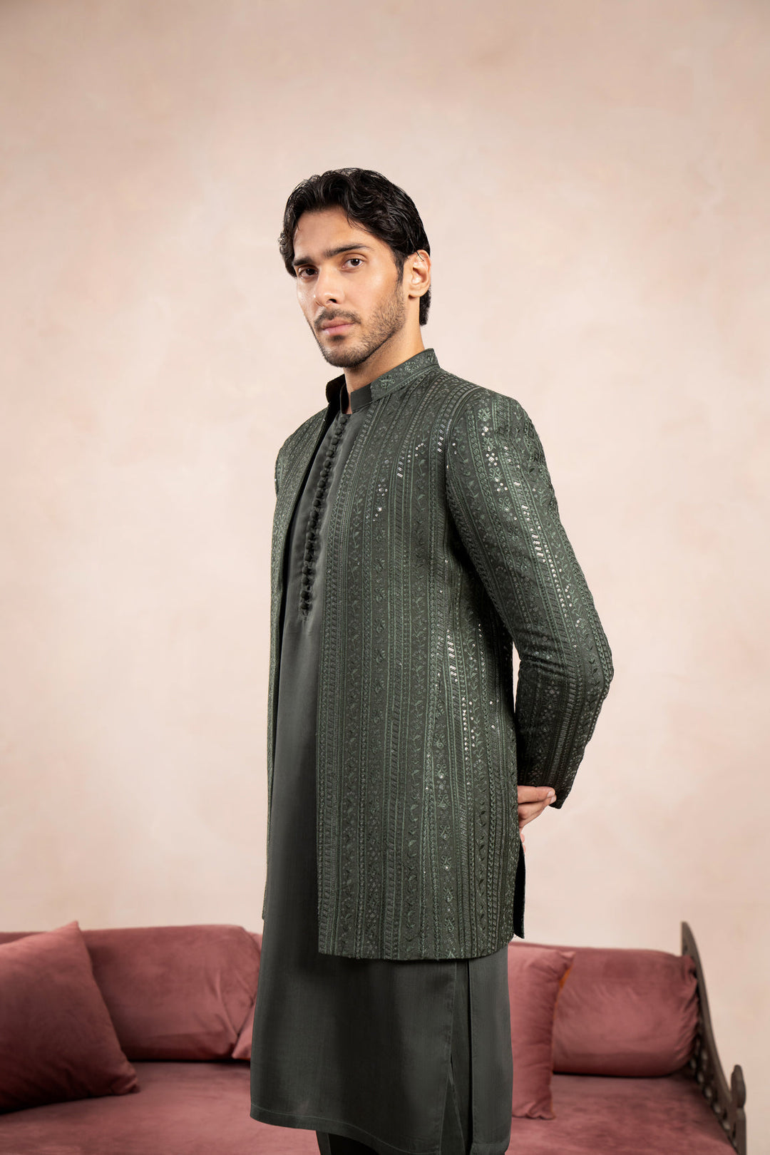 Muraqsh Ready To Wear Embroidered Cotton Men Olive Green Loop Kurta Trouser with Falling Open Prince Coat ABD-OGLKT - Summer Collection