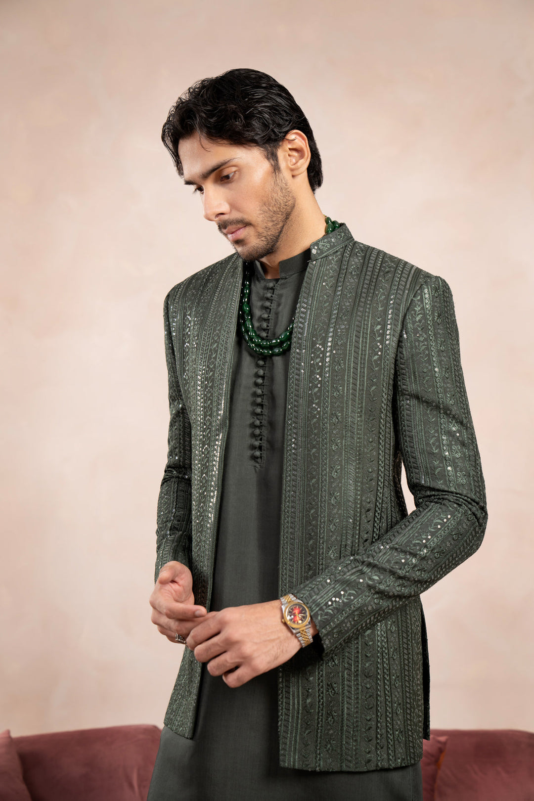 Muraqsh Ready To Wear Embroidered Cotton Men Olive Green Loop Kurta Trouser with Falling Open Prince Coat ABD-OGLKT - Summer Collection