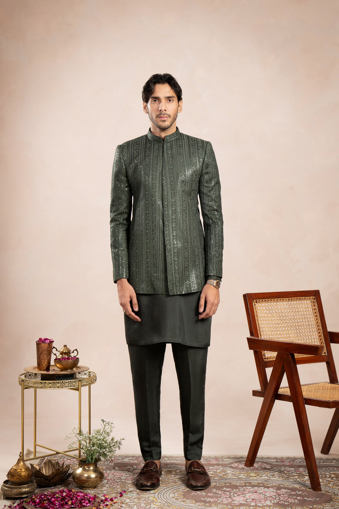 Muraqsh Ready To Wear Embroidered Cotton Men Olive Green Kurta Trouser with Falling Prince Coat ABD-OGKTW - Summer Collection