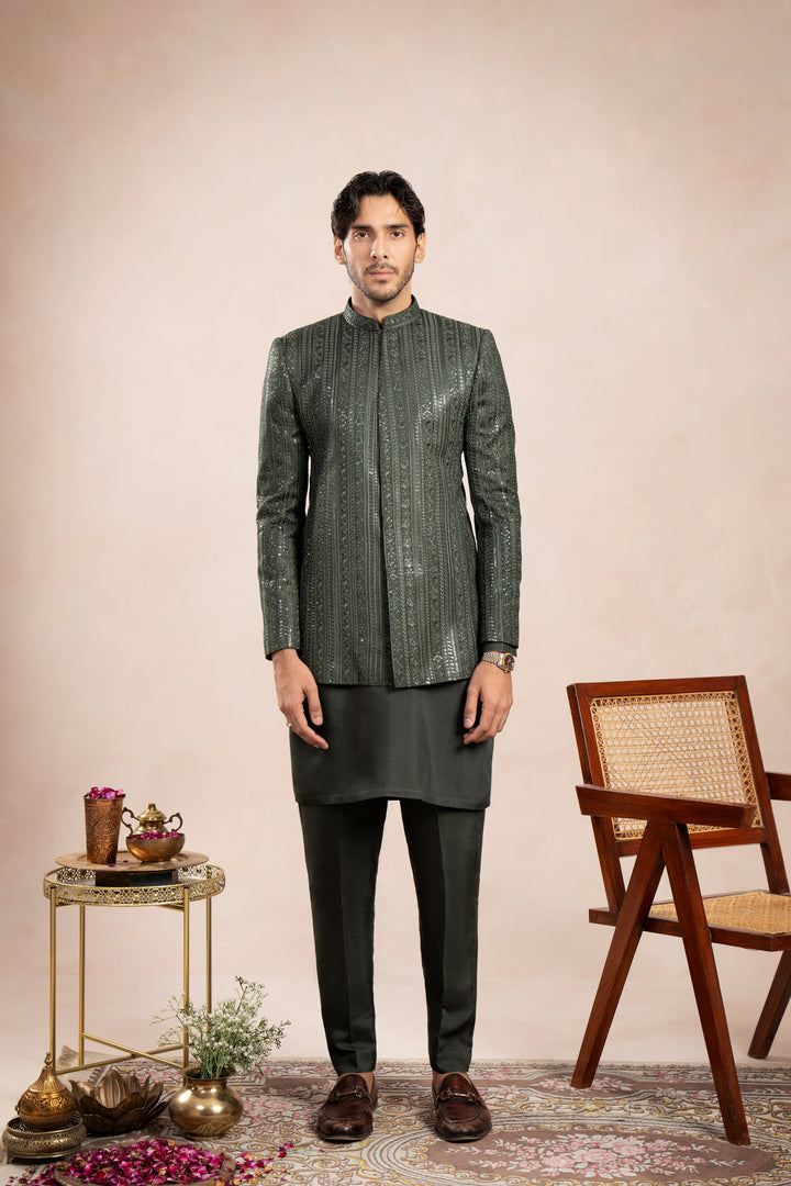 Muraqsh Ready To Wear Embroidered Cotton Men Olive Green Kurta Trouser with Falling Prince Coat ABD-OGKTW - Summer Collection